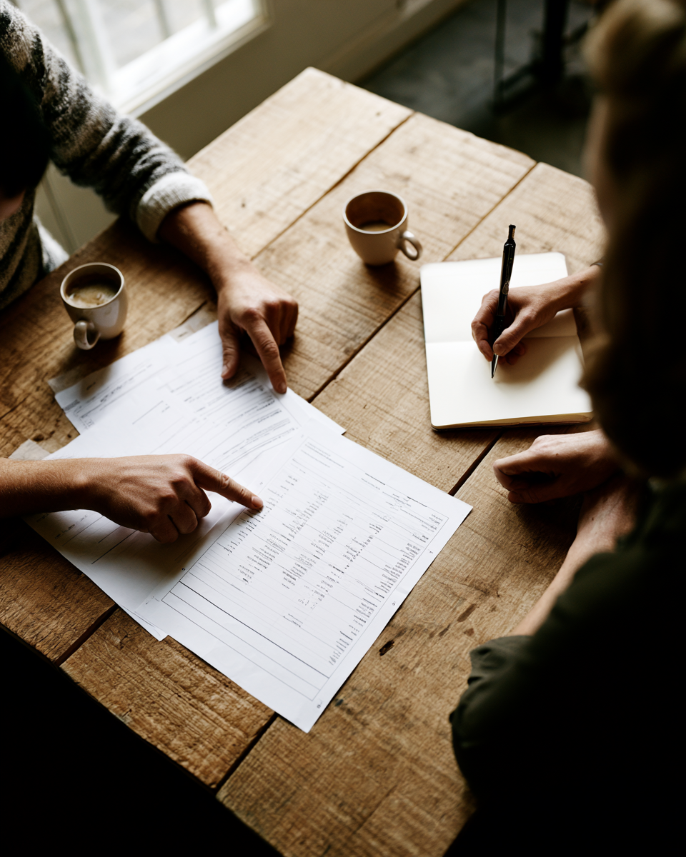 Twee paar handen aan tafel met financieel overzicht op papier — top-down compositie, geen gezicht
