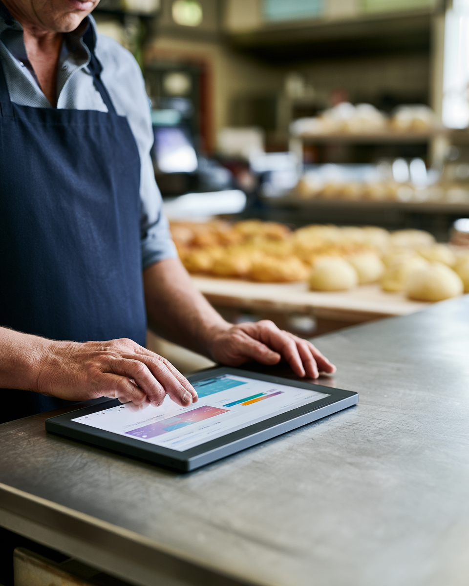 Handen op tablet met planning-dashboard in een bakkerij — schouders en onderlijf zichtbaar, hoofd boven beeld