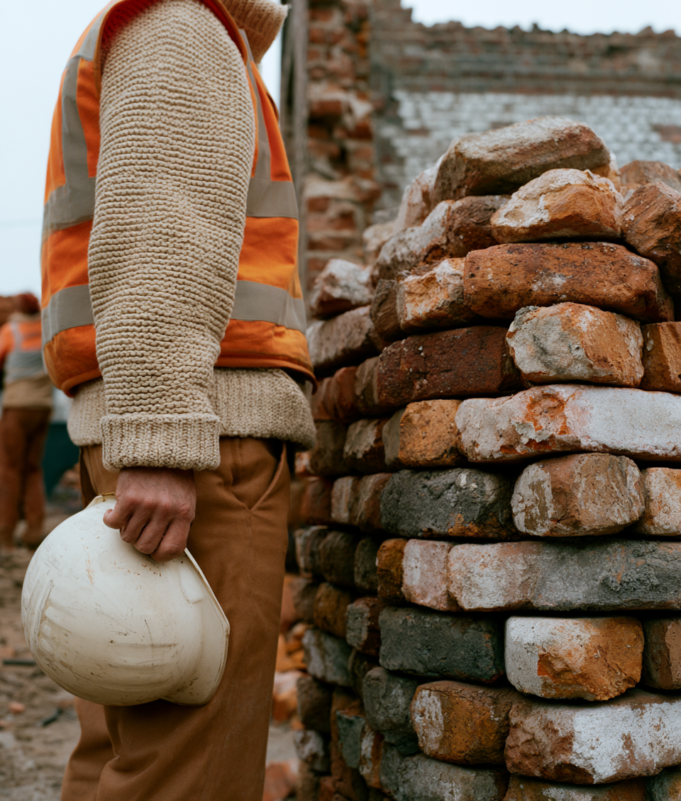 Bouwvakker met helm in de hand naast stapel gerecyclede bakstenen — torso zichtbaar, hoofd boven beeld
